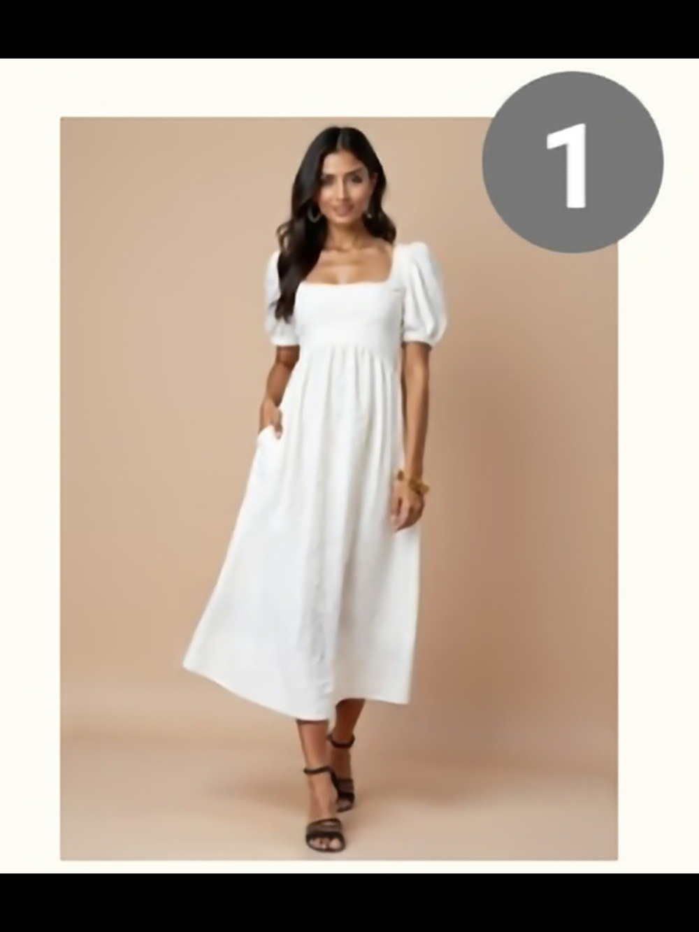 New York & Company White Square Neck Midi Dress with Puff Sleeves
